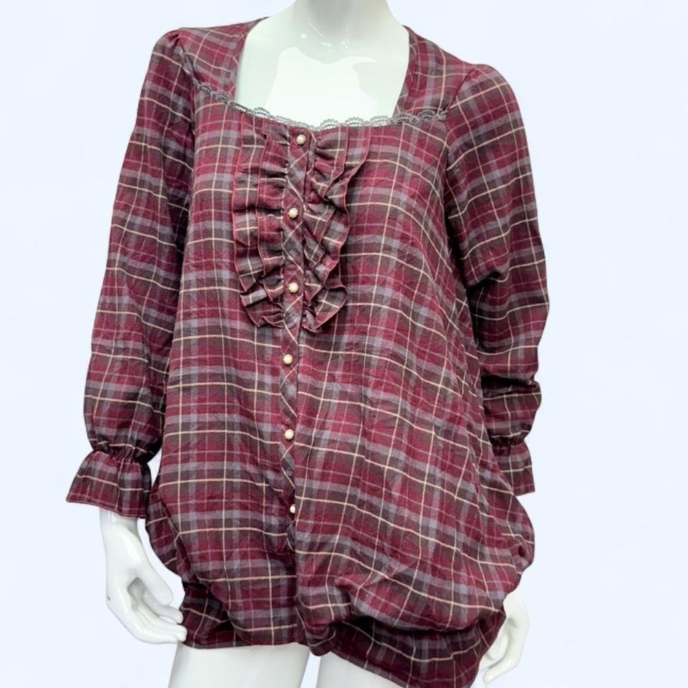 Axes Femme Plaid Tunic Mini Dress Lace Ruffle Mori Girl Burgundy Womens M